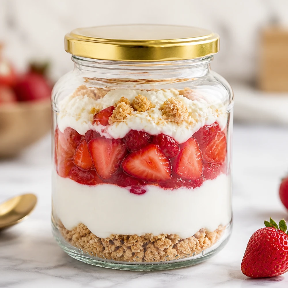 370ml Ovalglas mit BasicSeal Deckel gold UNiTWIST 370ml Ovalglas mit goldenem BasicSeal Deckel UNiTWIST gefüllt mit Erdbeer-Dessert Schichtdessert im Vorratsglas