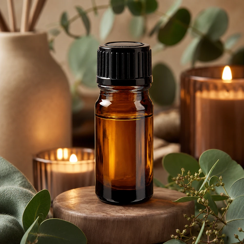Apothekenflasche braun 5ml Schraubverschluss schwarz Standard Braune Apothekerflasche 5ml auf Holzsockel umgeben von grünen Blättern und Kerzen