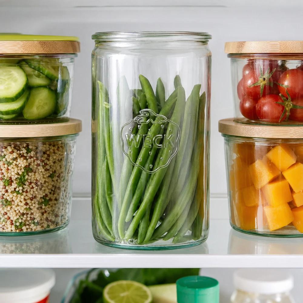 WECK RR100 Zylinderglas 1590ml im Kühlschrank mit grünen Bohnen gefüllt zwischen anderen Vorratsgläsern mit Gemüse