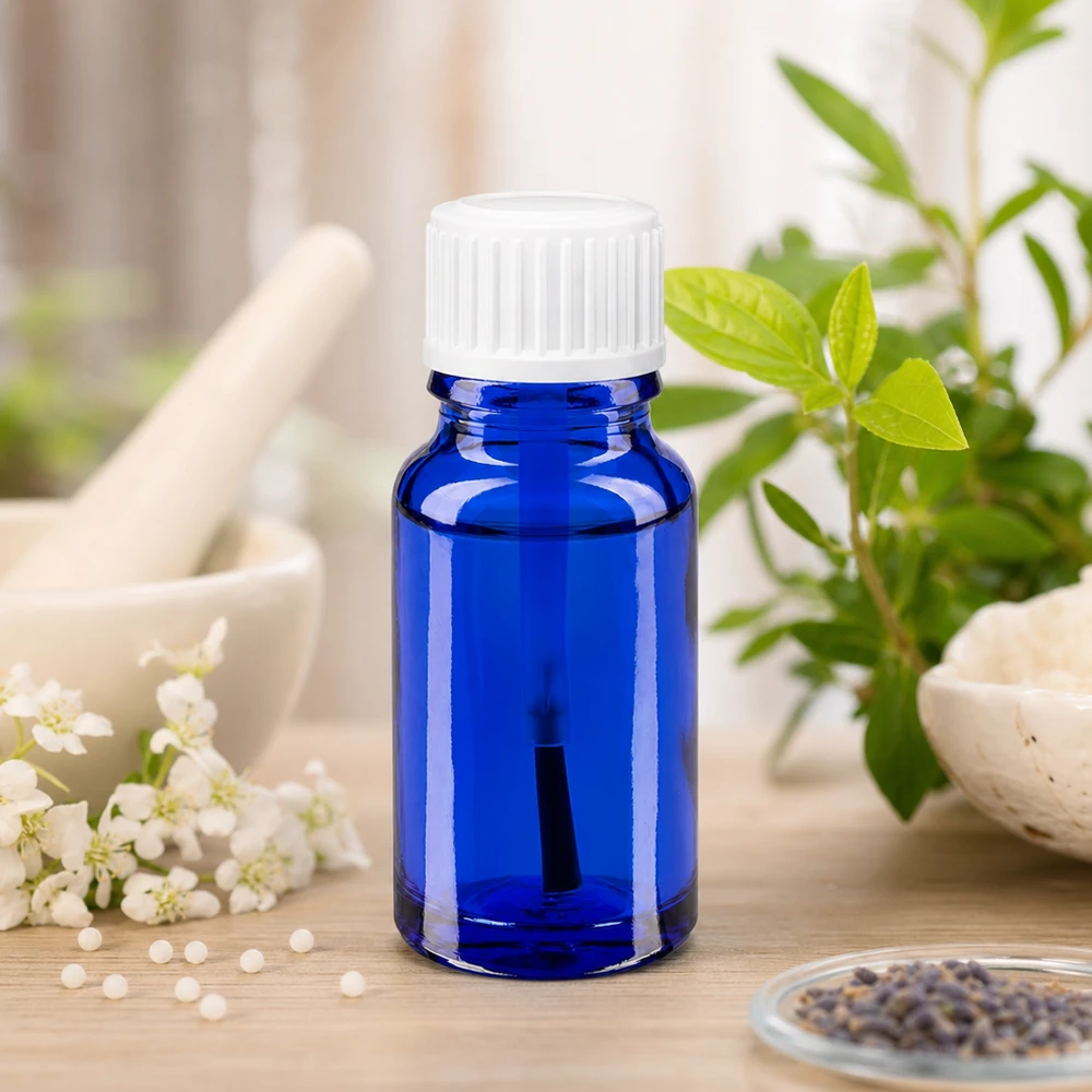 ApoGlas Pinselflasche 10ml in Kobaltblau zwischen Mörser Heilpflanzen und Lavendelsamen