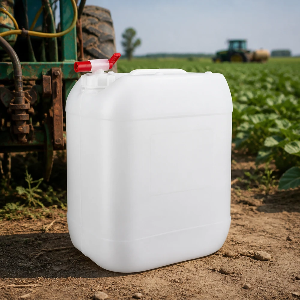 Kanister 20 Liter mit Auslaufhahn Stabiler 20L Kanister mit Auslaufhahn im Agrareinsatz auf Ackerboden