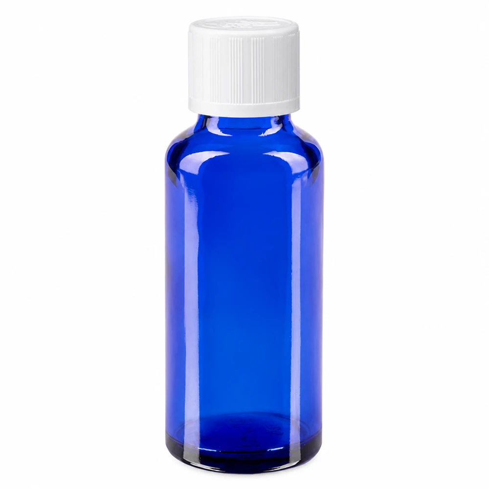 Blaue Tropfflasche 30ml Apothekerglas mit weißem KiSi-Verschluss für Medizin und Naturheilmittel