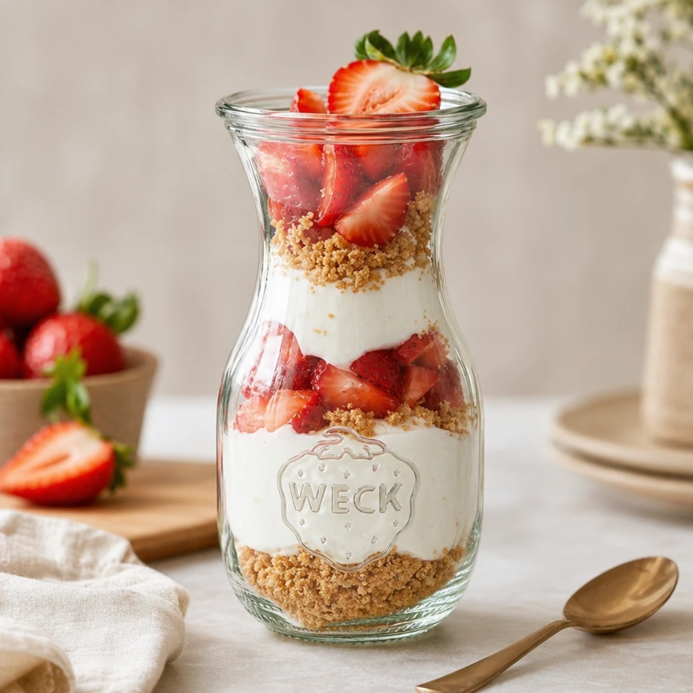 WECK Saftflasche 290ml RR60 als Dessertglas mit Erdbeeren Joghurt und Kekskrümeln geschichtet auf weißem Tisch