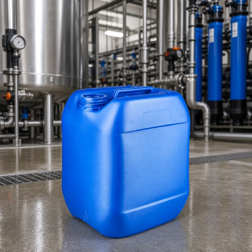 Robuster HDPE Kanister 10 Liter blau mit Tragegriff in chemischer Industrieanlage