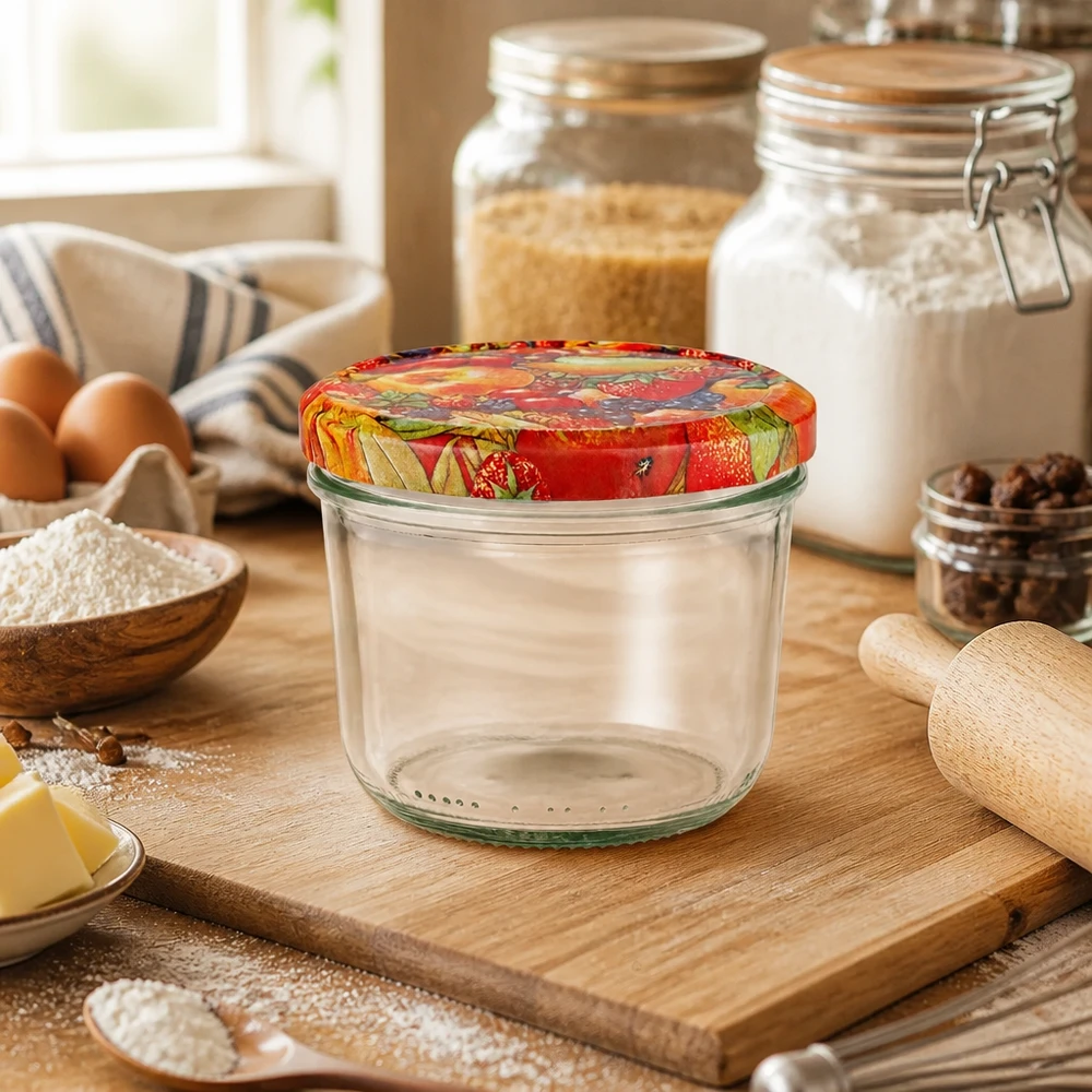 Leeres 230ml Sturzglas mit BasicSeal Obstdekor-Deckel in Küche auf Holzbrett neben Backzutaten und Vorratsgläsern