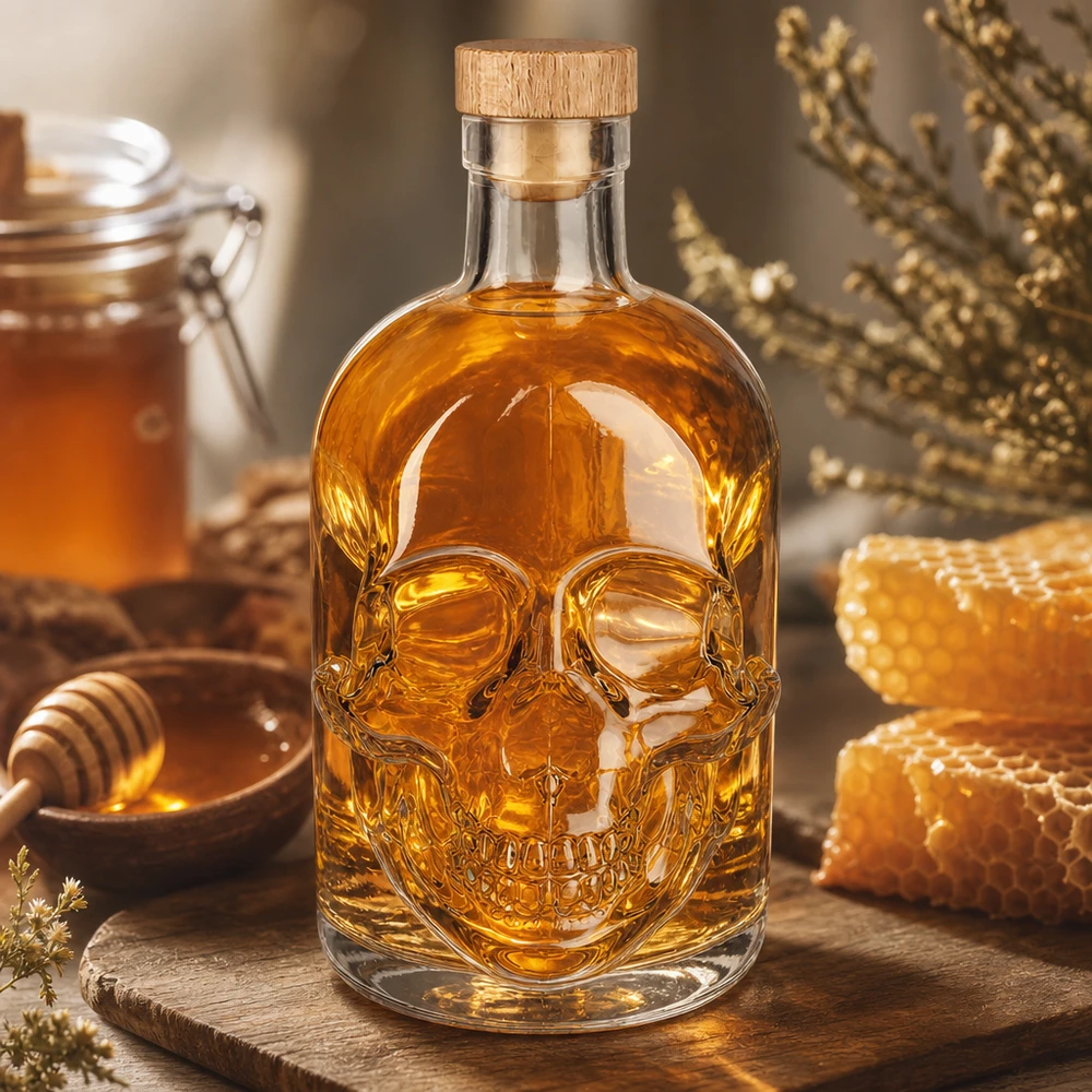 Glasflasche Jack 500ml mit Holzkorken auf Holzbrett, umgeben von Honigwaben und Honigglas, warme Beleuchtung