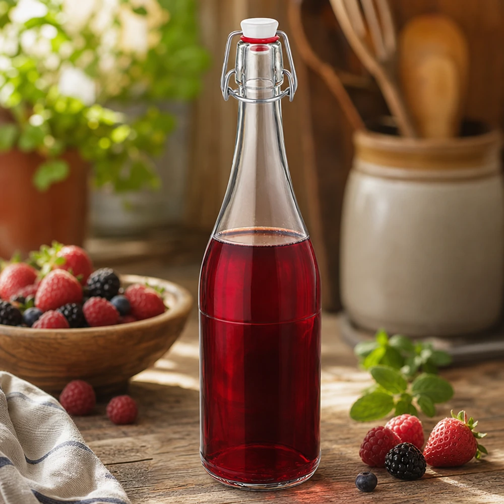 750ml Glasflasche und Bügelverschluss PVC UNiTWIST 750ml Glasflasche Bügelverschluss mit Beerensaft befüllt Küchenstilleben mixed berries Fruchtgetränk rustikal