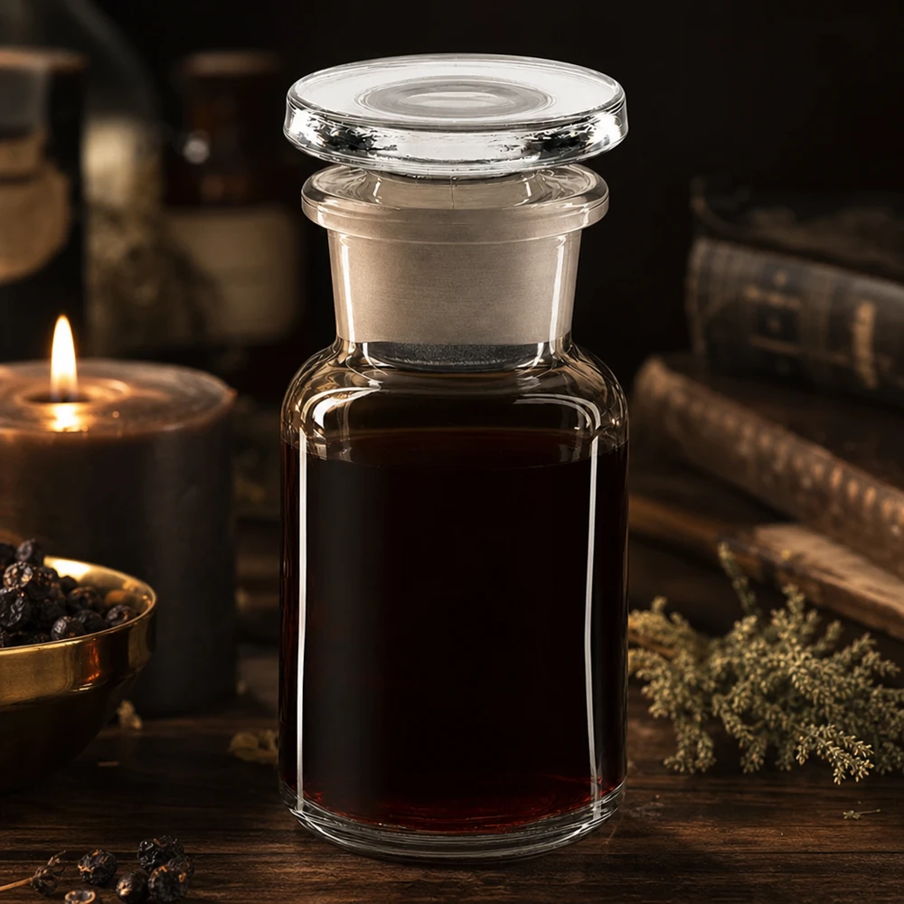 Historische Apothekerflasche 50ml Rundschulter Klarglas mit Stopfen auf rustikalem Holztisch