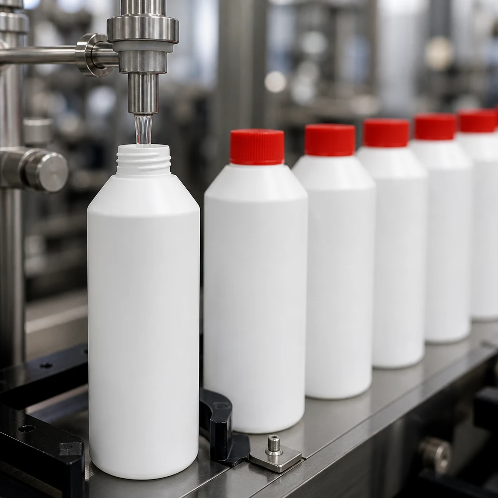 Weiße Apothekenflaschen 250ml HDPE in Reihe auf Abfüllmaschine mit rotem Schraubverschluss