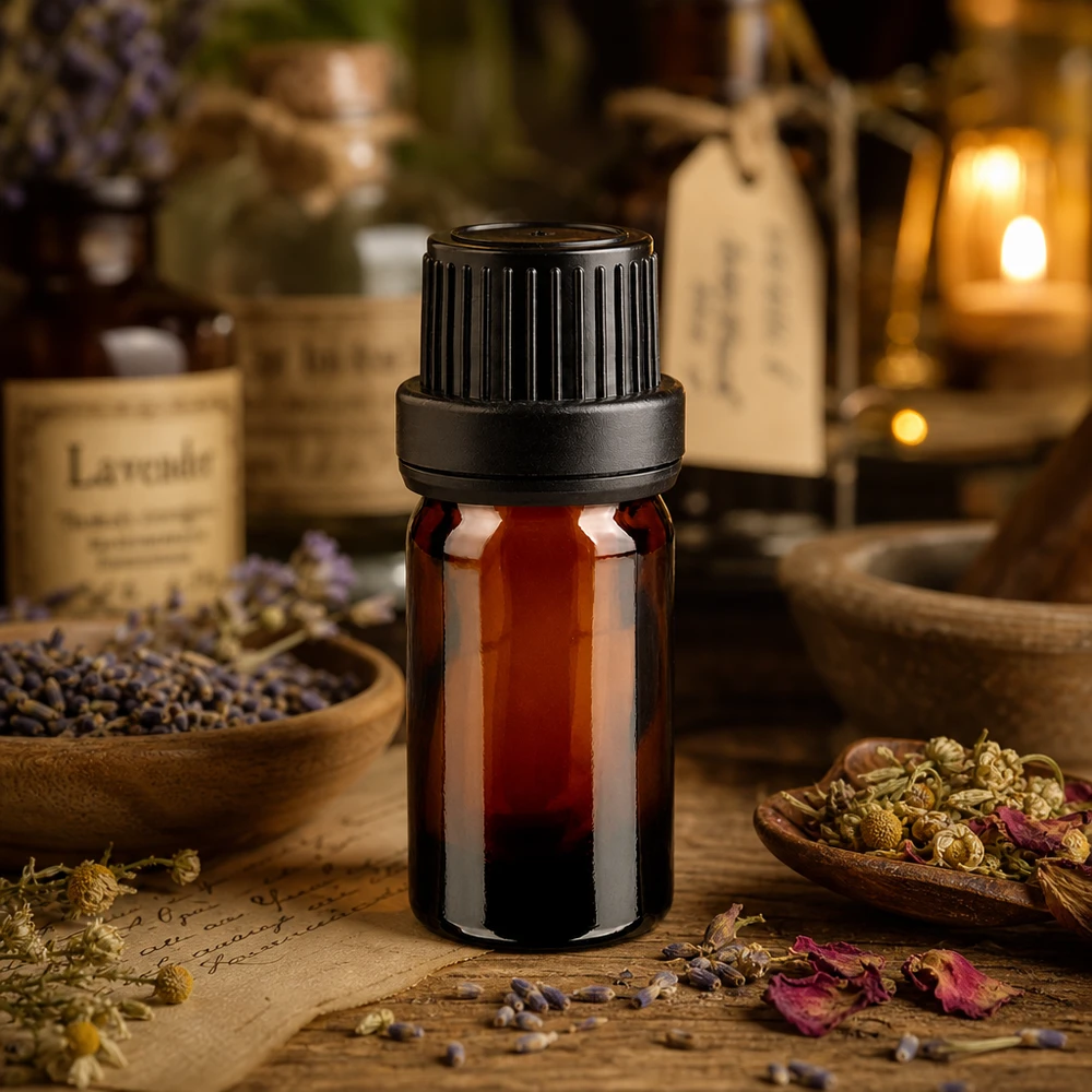 Kleine Apothekerflasche 5ml in Bernsteinfarbe mit OV-Verschluss im apothekertypischen Ambiente