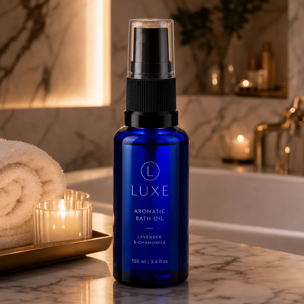 Apothekenflasche blau 30ml Sprayaufsatz schwarz Kobaltblaue Glasflasche 30ml mit Sprühpumpe auf Marmor neben Kerzen und gerolltem Handtuch