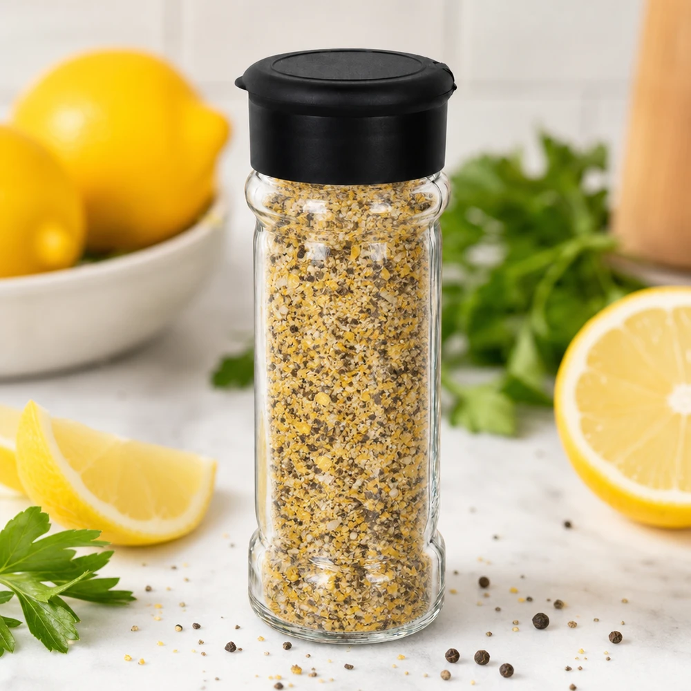 Salz-/Gewürzglas 100ml mit Streuer schwarz Rundes Salz-Gewürzglas 100ml mit Schütteldeckel in Schwarz gefüllt mit gelbem Würzsalz