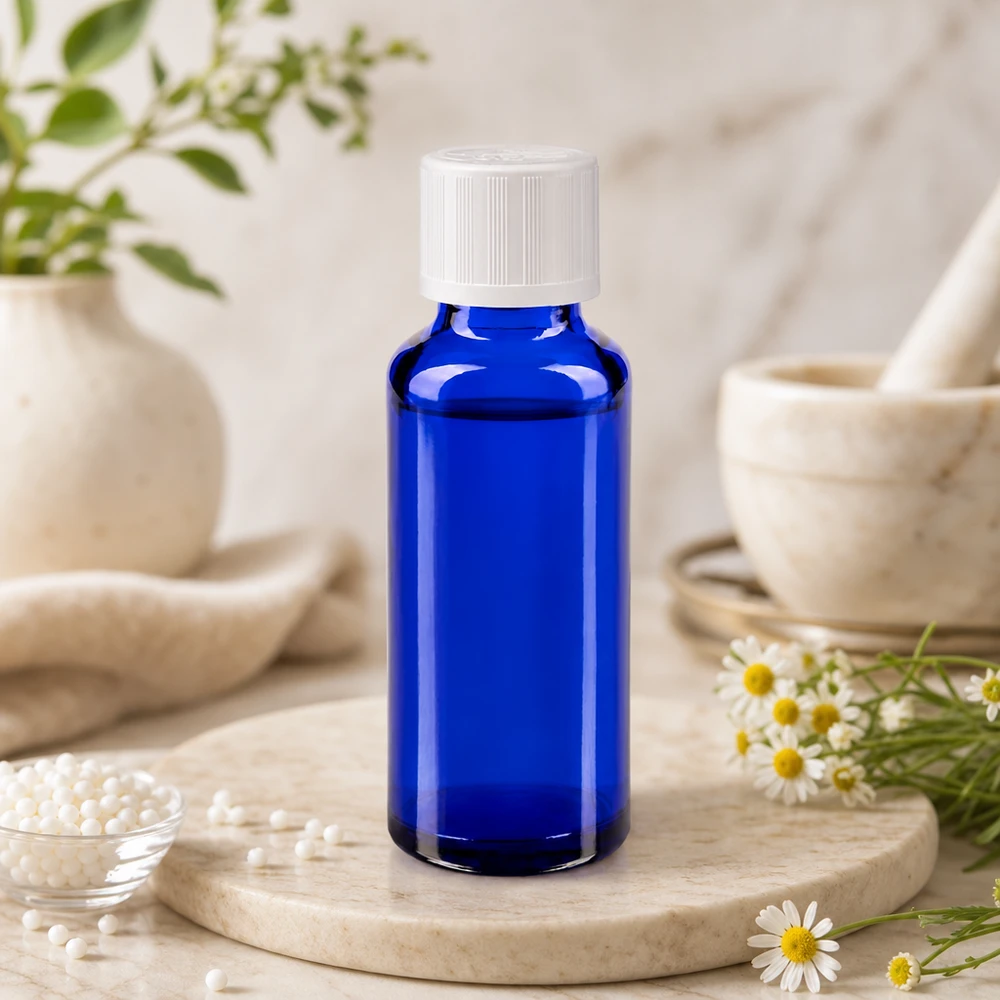 Apothekenflasche blau 30ml Schraubverschluss weiß Kindersicherung Standard Zylindrische kobaltblaue Glasflasche 30ml mit kindersicherem Schraubverschluss auf Marmor