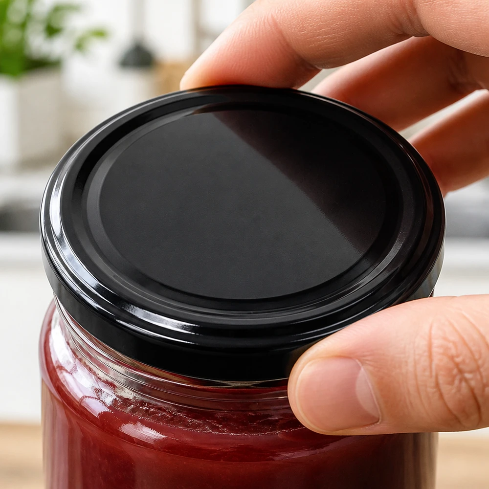 Nahaufnahme TO82 UNiTWIST Metalldeckel schwarz BioSeal auf Marmeladenglas mit dunkler Füllung