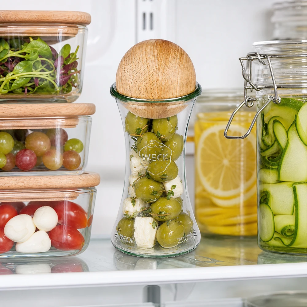 WECK Glas 200ml RR60 mit Buchenkugel-Deckel im Kühlschrank zwischen Vorratsgläsern mit Oliven und Gemüse gefüllt