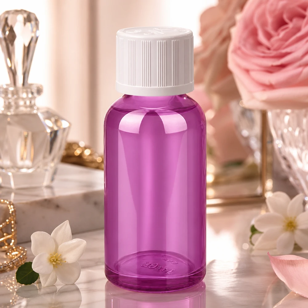 30ml Flasche 11mm Schraubverschluss weiß Standard Kindersicher PurpleLine UT18/30 Stilvolle 30ml Glasflasche in Violett mit weißem Schraubdeckel für Beauty-Produkte und Extrakte