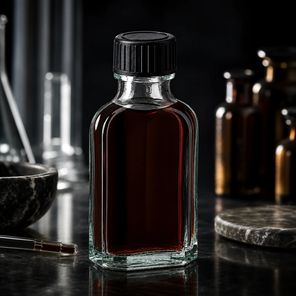 50 ml Meplat klar Schraubverschluss mit LKD-Dichtscheibe Flache rechteckige 50ml Klarglasflasche mit LKD-Dichtscheibe auf dunkler Steinfläche
