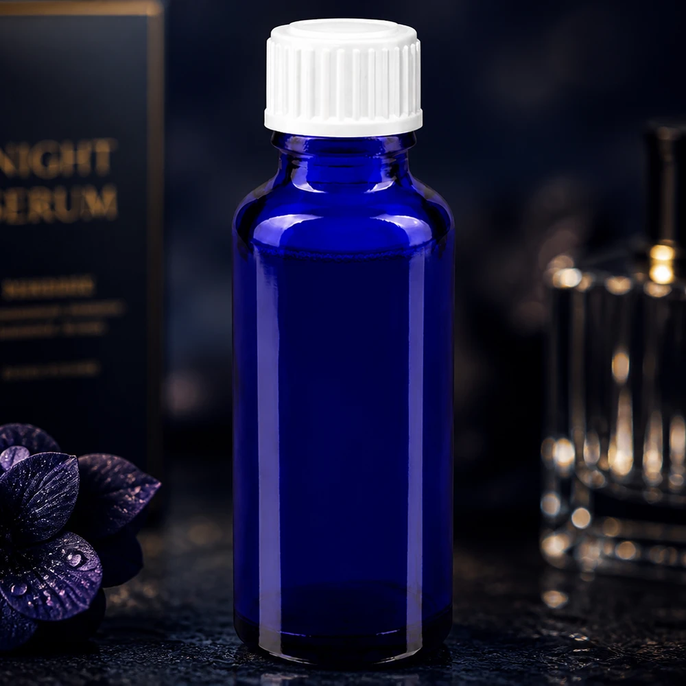 Apothekenflasche blau 30ml Schraubverschluss weiß Globuli Standard Blaue 30ml Standardglasflasche GR STD mit weißem Kindersicherheitsverschluss für Nachtserum