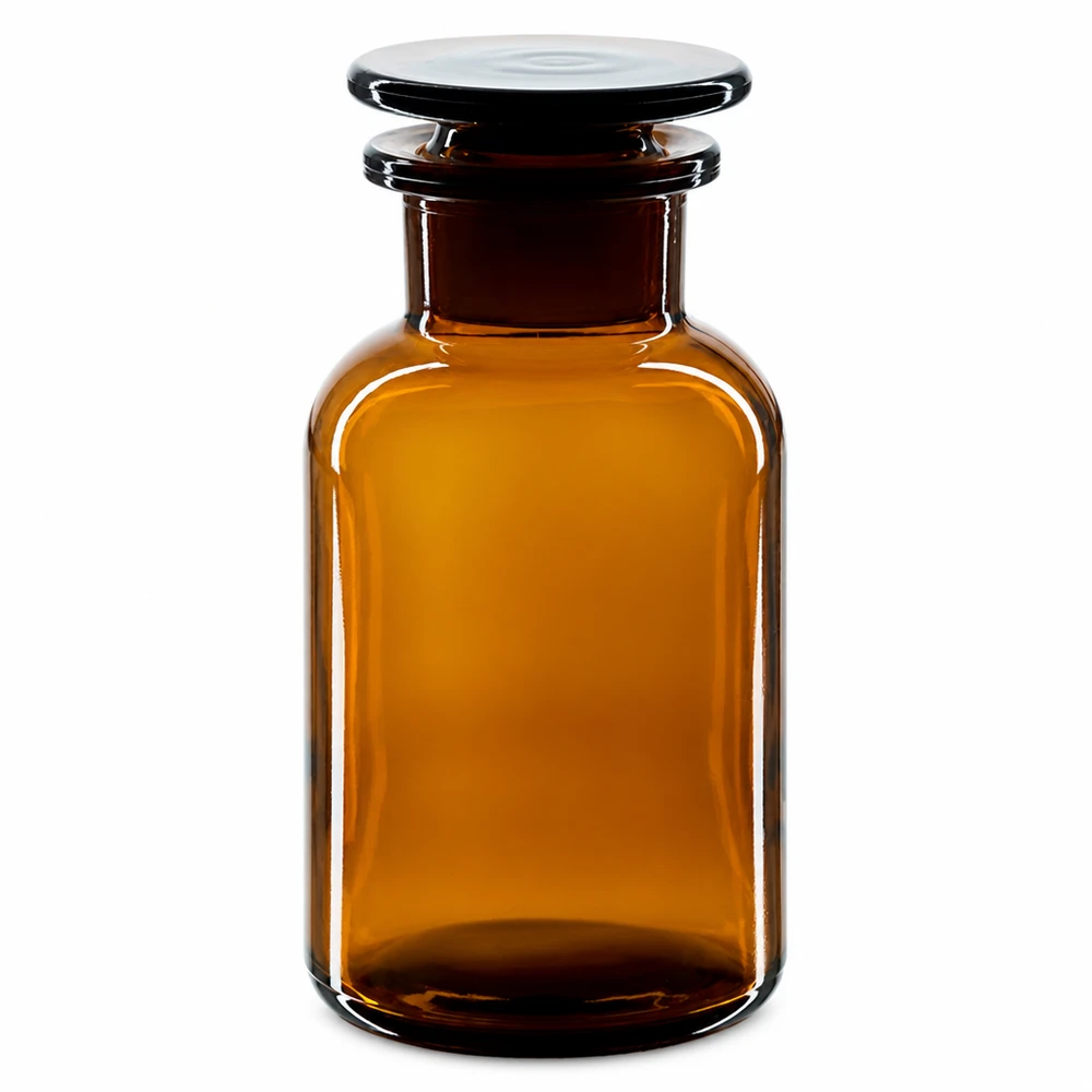 Rundschulterfl. 250ml braun Weithals Glasstopfen 250ml Braunglas Rundflasche mit Weithals und luftdichtem Glasstopfen Laborbedarf