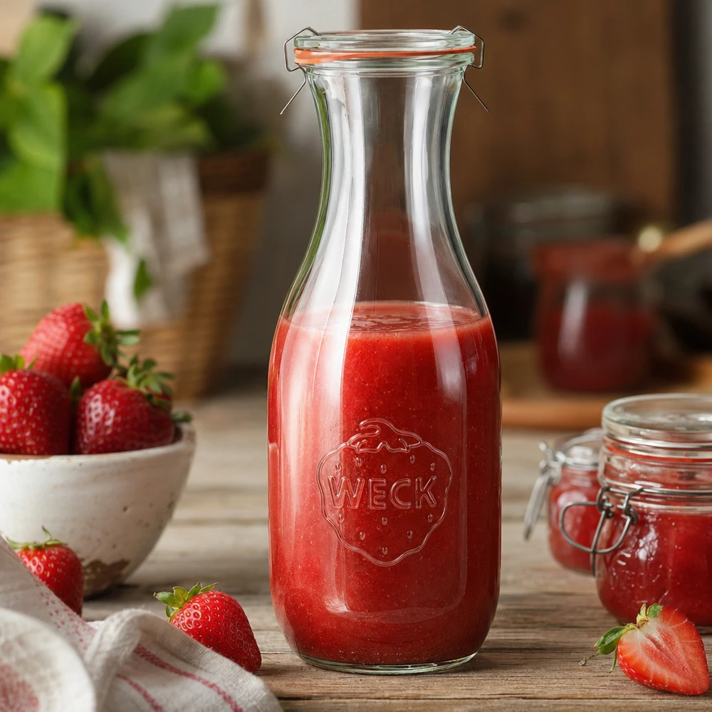 1062ml Saftflasche komplett WECK RR60 WECK Saftflasche 1062ml RR60 gefüllt mit rotem Erdbeersaft in Küche mit frischen Erdbeeren dekorativ arrangiert