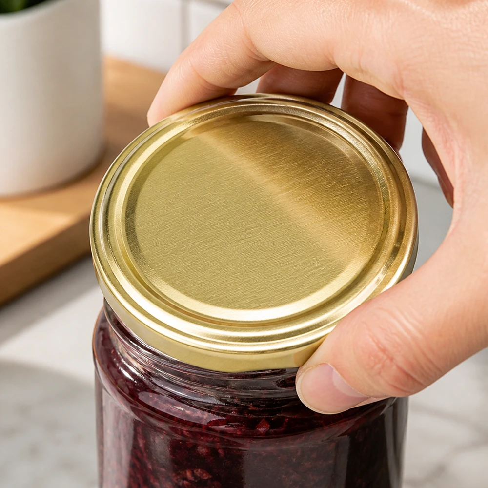 UNiTWIST TO43 BPA-NI unitemp Deckel gold auf Konfitürenglas Anwendung Küche Marmor Untergrund