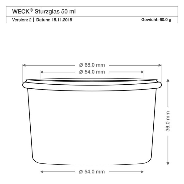 50ml Sturzglas mit Glasdeckel WECK RR60 WECK 50ml Sturzglas RR60 technische Zeichnung mit Maßangaben - Durchmesser 68mm, Höhe 36mm für Einmachgläser