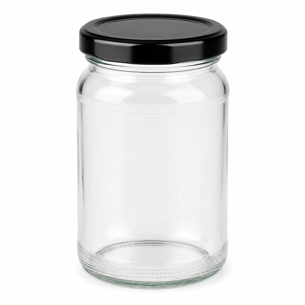 Leeres Rundglas UNiTWIST 110ml mit schwarzem TO48 BasicSeal Deckel für Konserven und Marmelade
