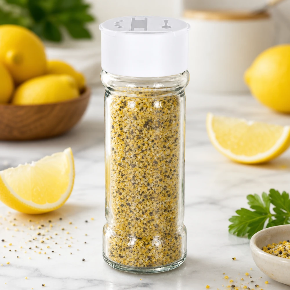 Salz-/Gewürzglas 100ml mit Doppelstreuer weiss Zylindrisches Salzglas 100ml aus Klarglas mit weißem Streuerdeckel und gelbem Gewürz