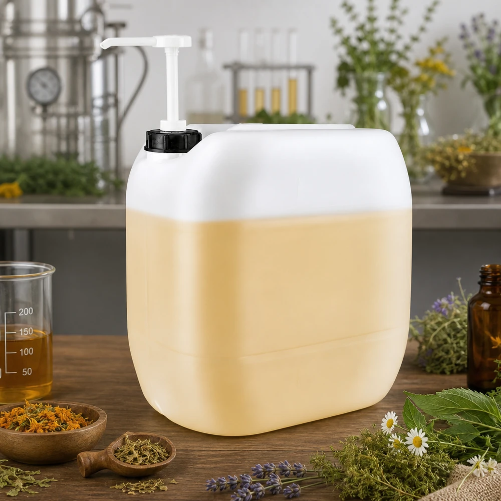 Kanister 30 Liter mit Dosierpumpe Kunststoffbehälter 30L mit Pumpspender umgeben von Kräutern Blüten und Bernsteinflasche
