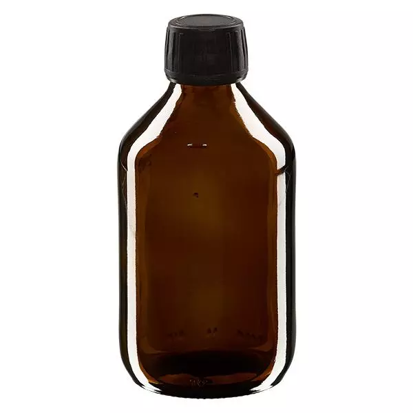 250ml Medizinflasche braun, Verschluss schwarz mit Originalitätsring ApoGlas 250ml Medizinflasche braun, Verschluss schwarz mit Originalitätsring ApoGlas