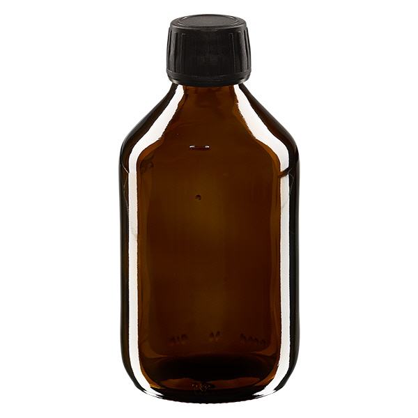 250ml Medizinflasche braun, Verschluss schwarz mit Originalitätsring ApoGlas 250ml Medizinflasche braun, Verschluss schwarz mit Originalitätsring ApoGlas
