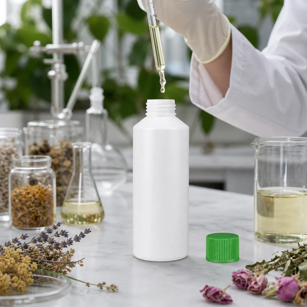 Befüllung einer weißen 100ml Apothekenflasche mit Pipette in botanischem Forschungslabor