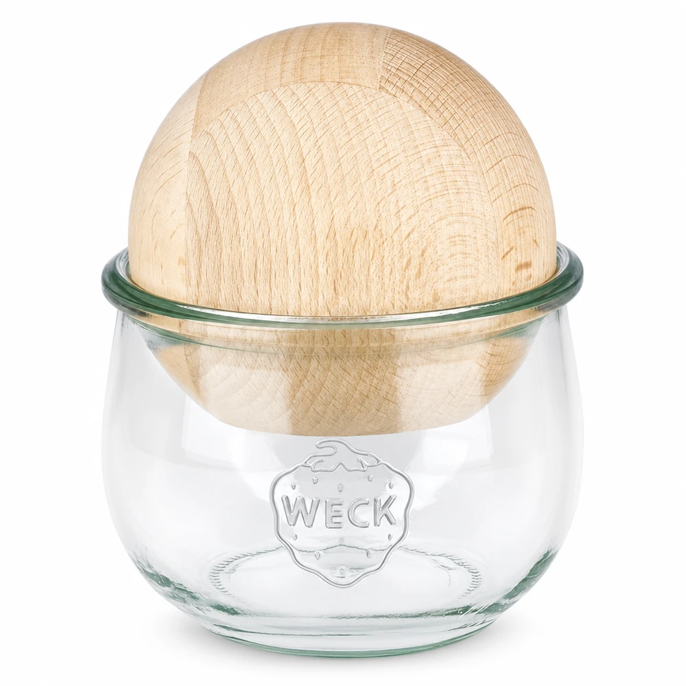 WECK Tulpenglas 580ml RR100 mit Holzkugel aus Buche als Deckel, Einmachglas mit Holzdeckel für Küche und Aufbewahrung