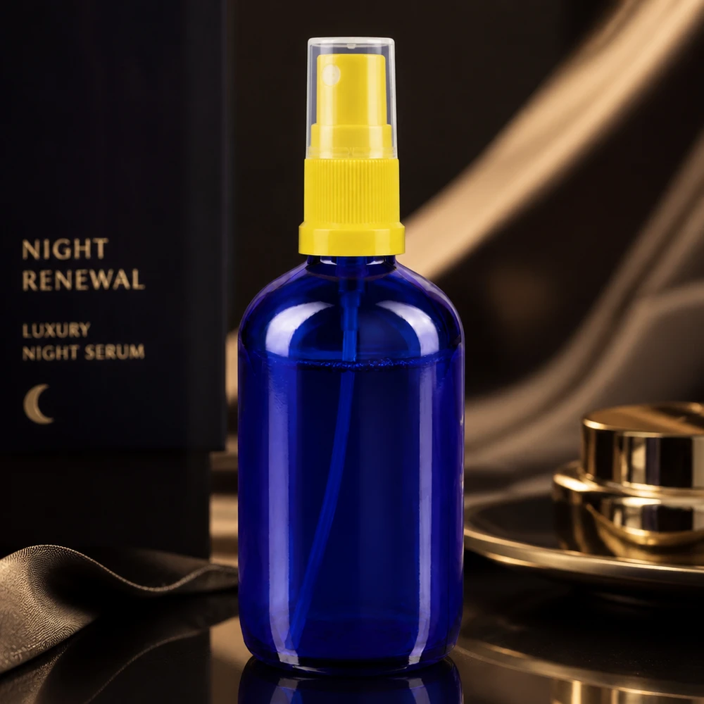 Apothekenflasche blau 100ml Sprayaufsatz gelb Kobaltblaue Glasflasche 100ml STD mit transparenter Schutzkappe und gelbem Sprühkopf