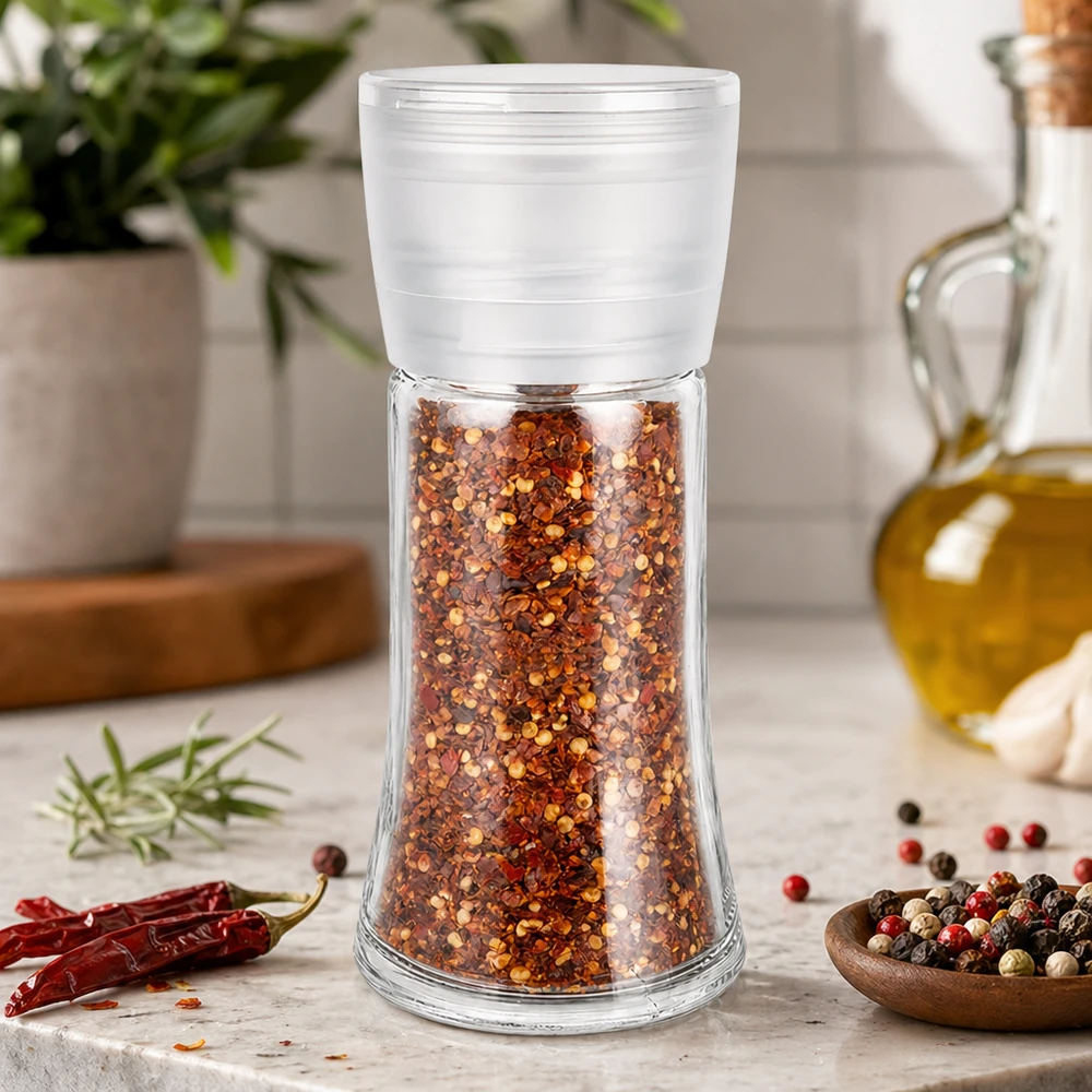 Salz-/Gewürzglas 95ml mit Mühle Vario weiss Transparentes Glasgefäss mit Kunststoffmühle Vario weiss und gemahlenen Chiliflakes