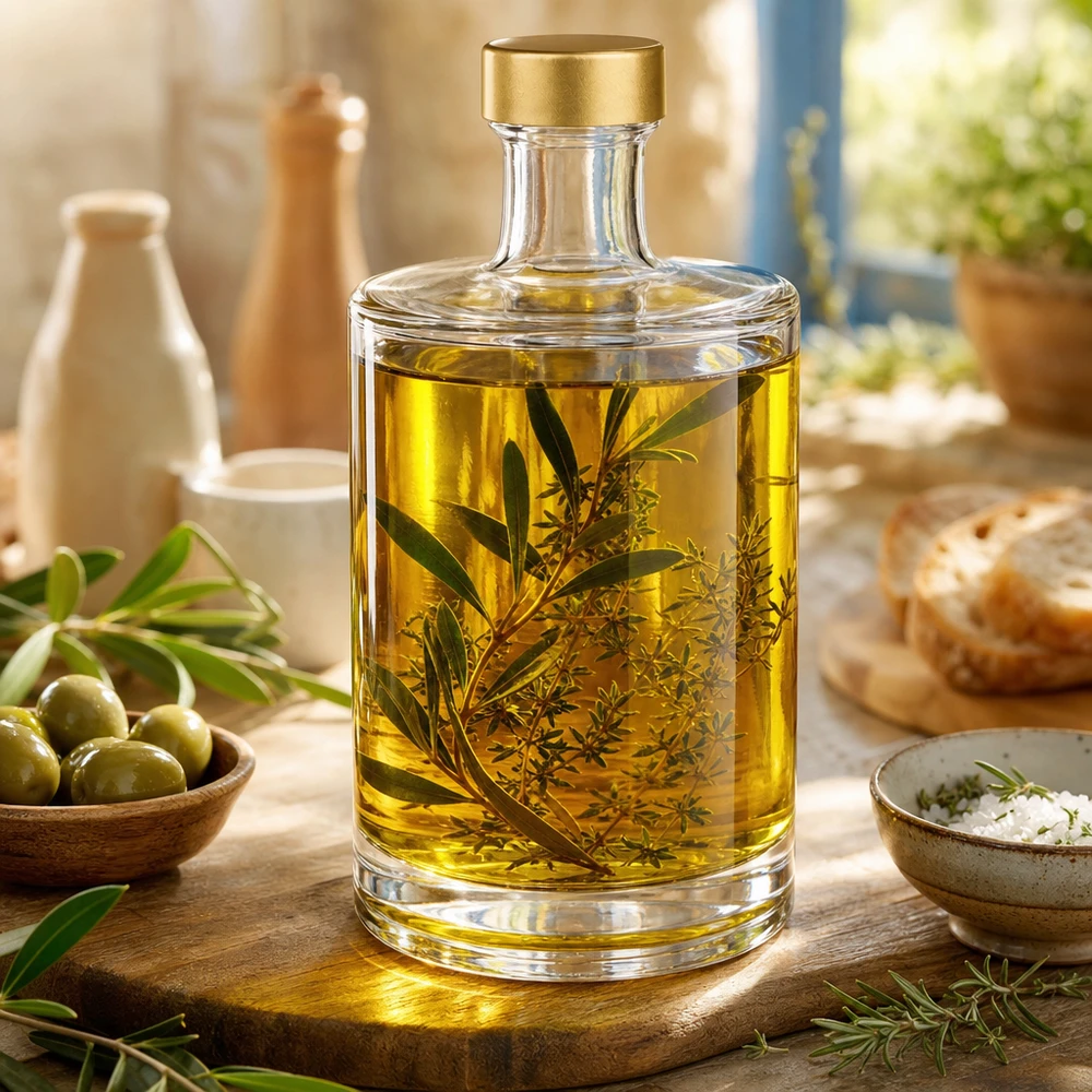 500ml Glasflasche "Sam" + Schraubverschluss gold UNiTWIST 500ml Glasflasche Sam mit Kräuteröl befüllt goldener UNiTWIST Verschluss Oliven Küchenkräuter mediterrane Küche