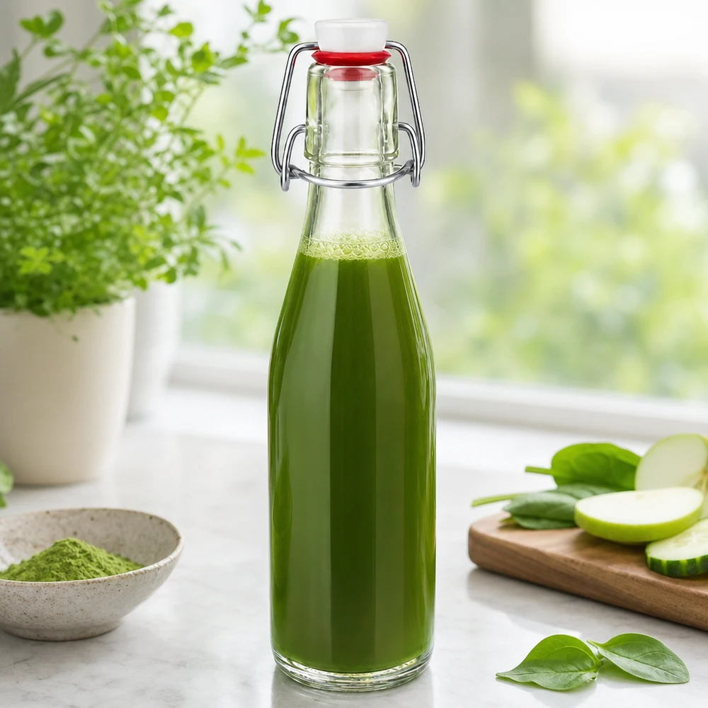 Glasflasche 250ml mit Bügelverschluss gefüllt mit grünem Smoothie, dekoriert mit frischen Kräutern und Gemüse