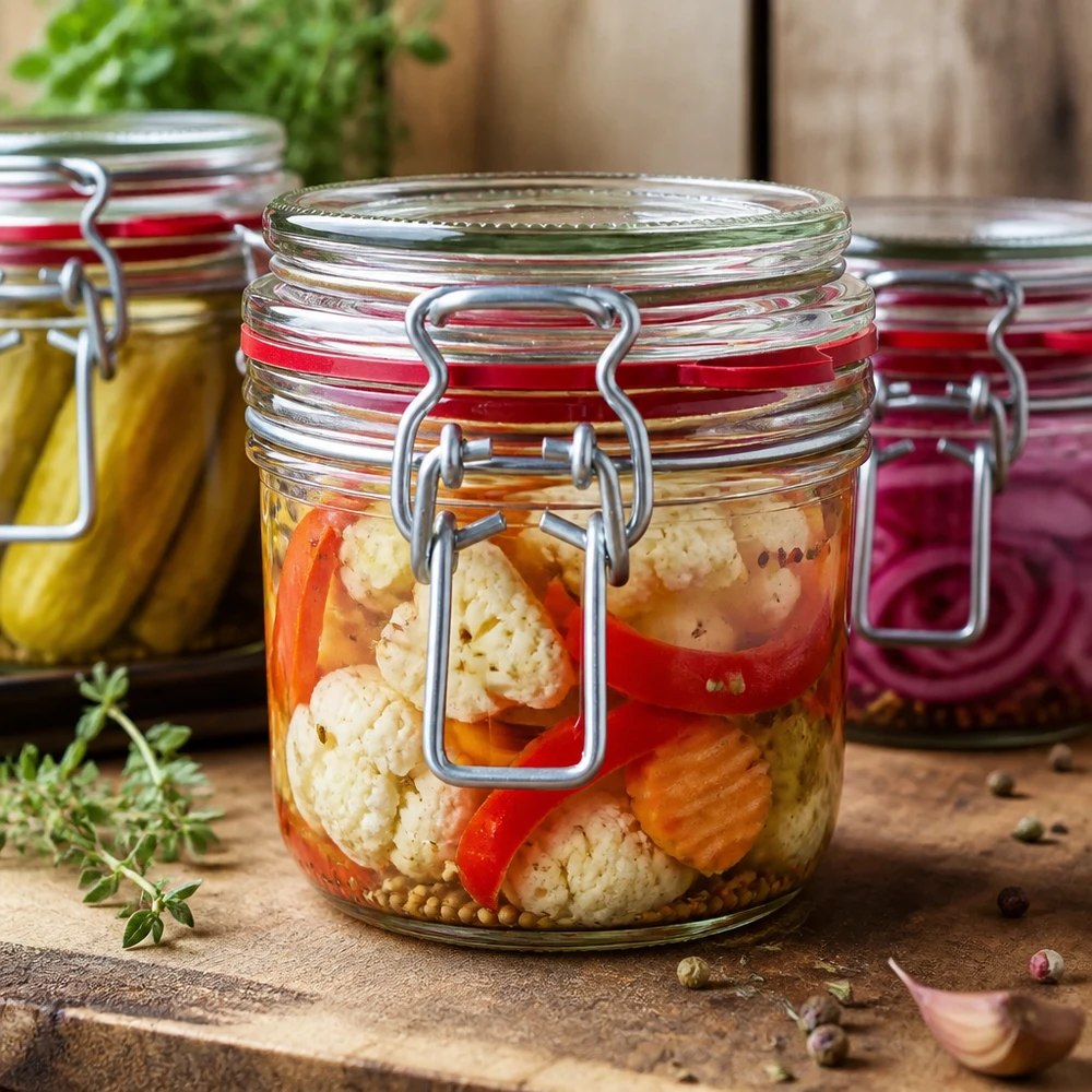 255ml Vorratsglas mit Bügelverschluss gefüllt mit buntem eingelegtem Gemüse - Blumenkohl, Karotten und Paprika