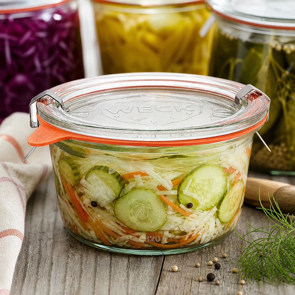 WECK Gourmetglas 450ml RR120 mit eingelegtem Gemüse und Gurken zeigt perfekte Konservierung und Aufbewahrung
