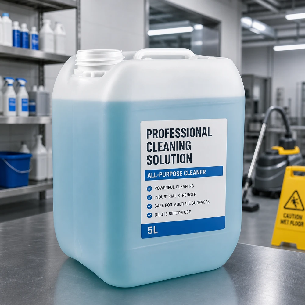 Kanister 5 Liter ohne Verschluss 5 Liter Industriekanister ohne Verschluss gefüllt mit hellblauer All-Purpose Cleaner Lösung