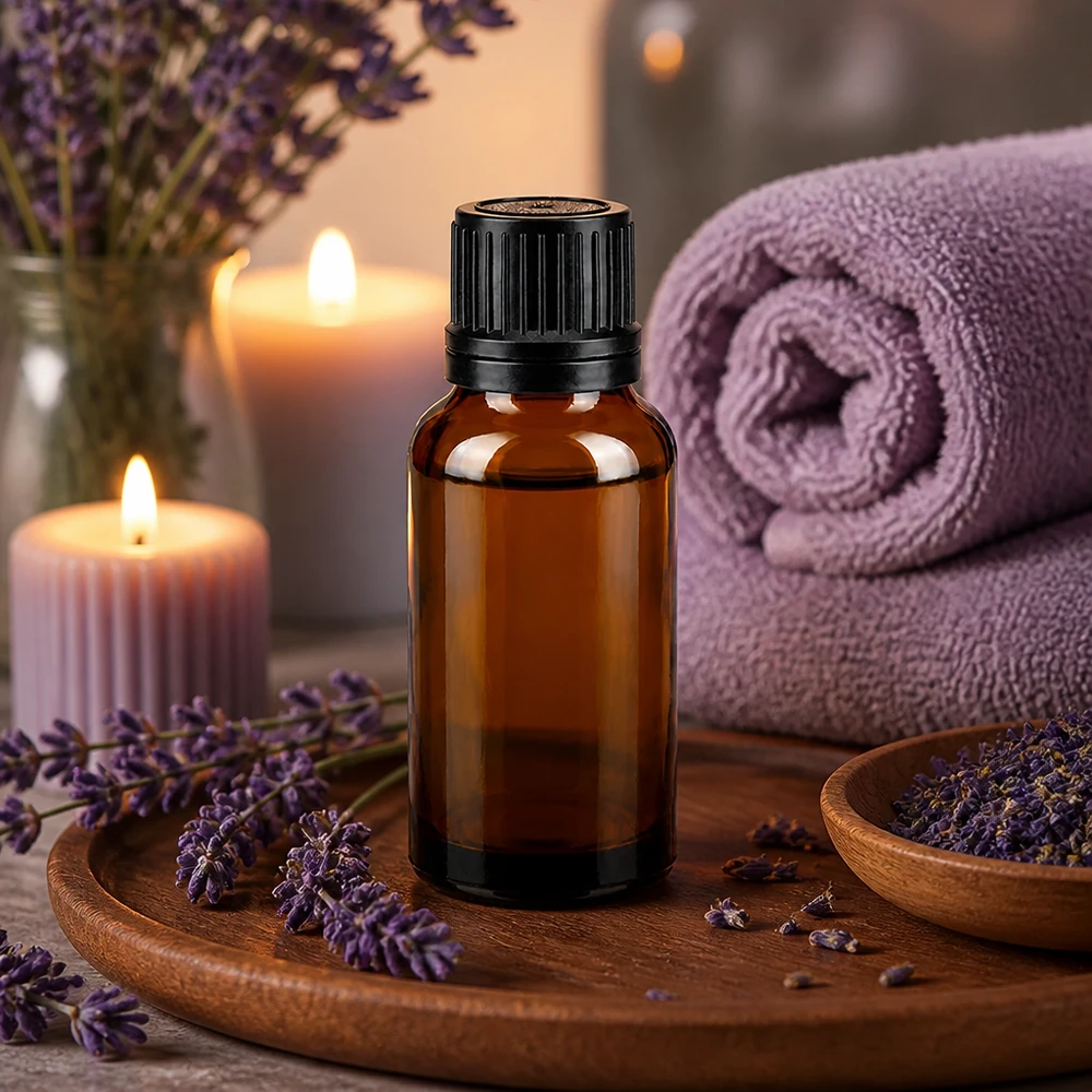 Kleine Tropfflasche aus Apothekerglas 20ml mit 1mm Öffnung auf Holztablett mit Lavendel