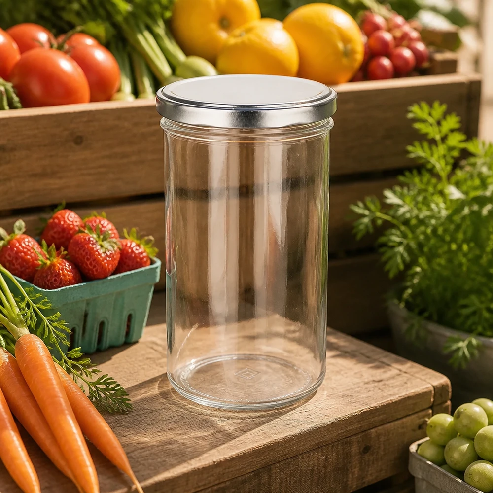 277ml Sturzglas mit BasicSeal Deckel silber zwischen frischem Obst und Gemüse natürliche Küchenumgebung