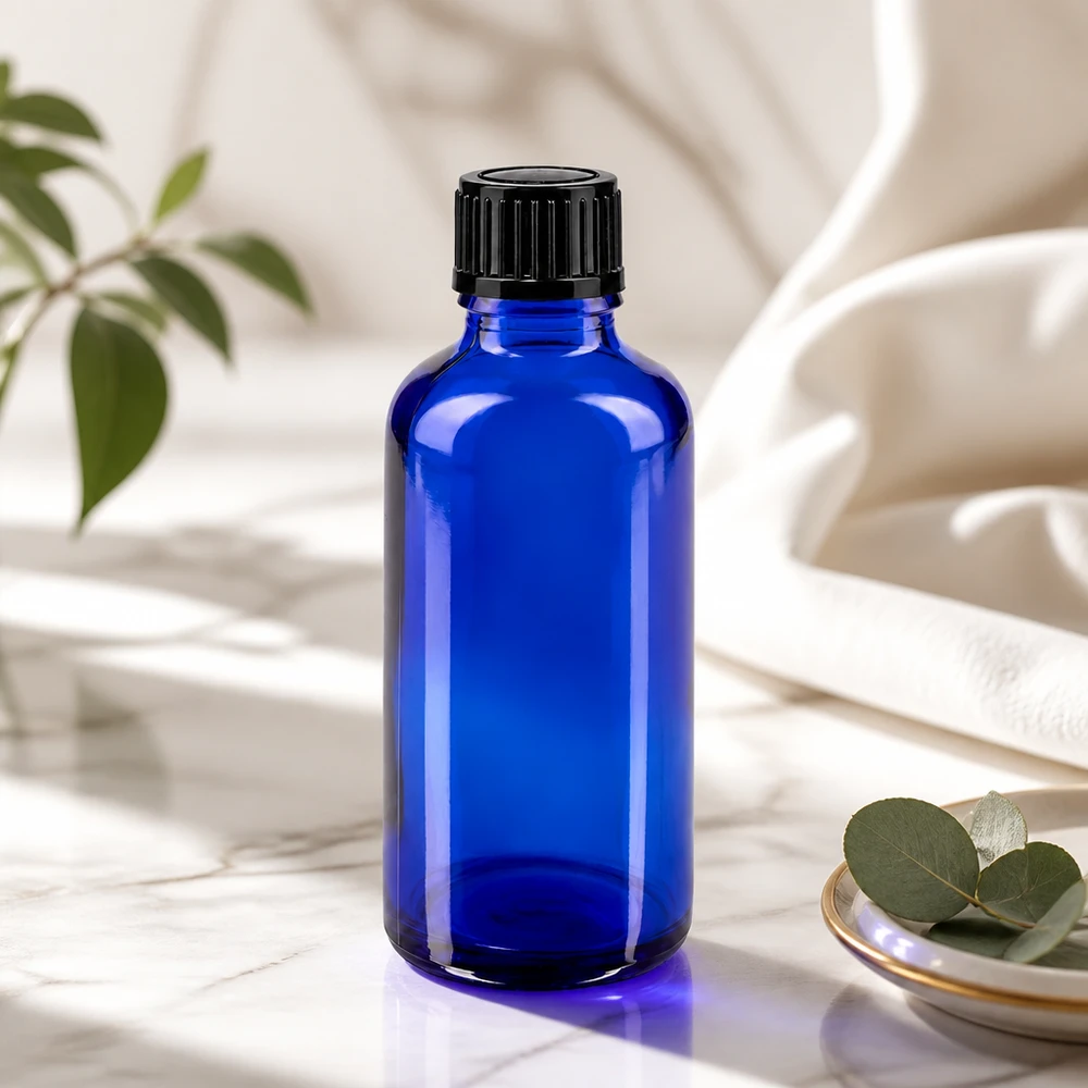 Apothekenflasche blau 50ml Schraubverschluss schwarz Standard Kobaltblaue 50ml Apothekerflasche aus UV-Schutzglas mit schwarzem Standardverschluss 11mm