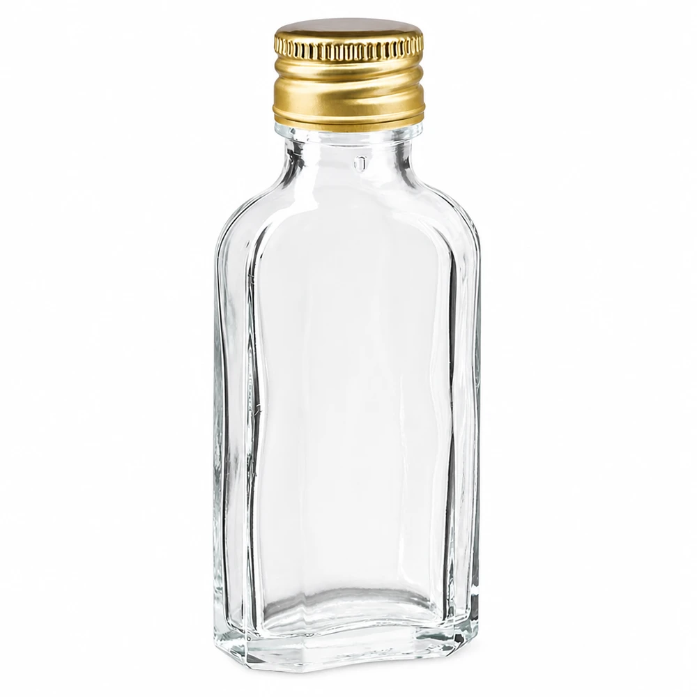 Kleine flache Glasflasche 50ml mit Golddeckel PP22 transparent und hochwertig