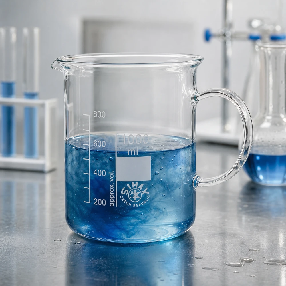Becherglas 1000ml Borosilikatglas, mit Henkel Griffbecherglas 1000ml aus hitzebeständigem Borosilikatglas auf Edelstahl-Laborarbeitsfläche