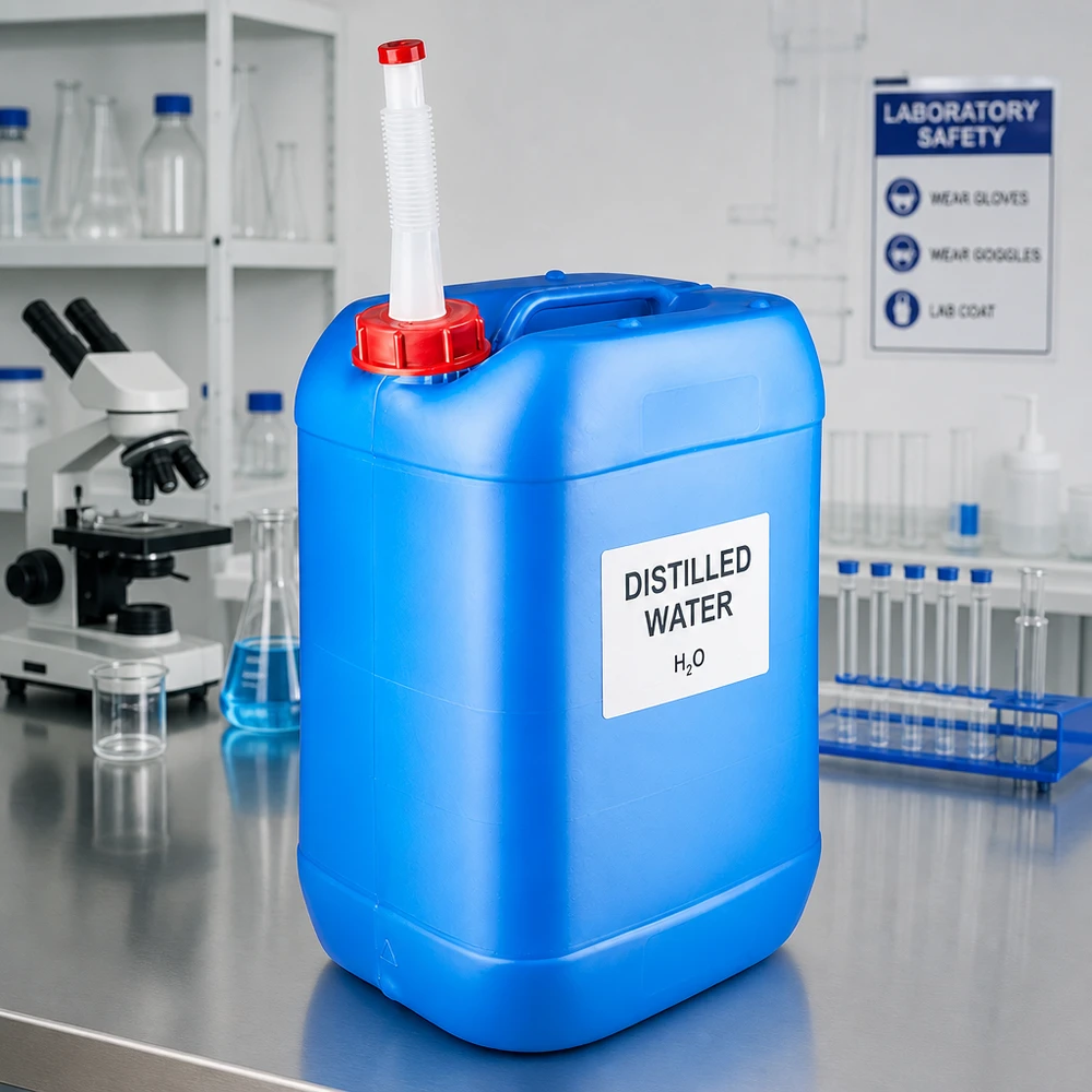 Kanister 25 Liter blau mit Auslaufrohr Flex Kanister 25L aus HDPE-Kunststoff in Blau mit weißem Flex-Auslaufrohr auf Edelstahltisch