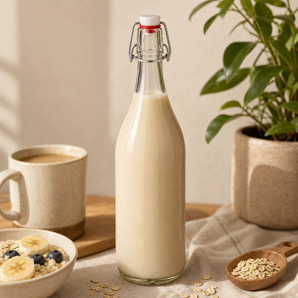 1000ml Glasflasche und Bügelverschluss PVC UNiTWIST 1000ml Glasflasche mit Bügelverschluss gefüllt mit Hafermilch auf Holztisch neben Kaffeetasse und Haferflocken