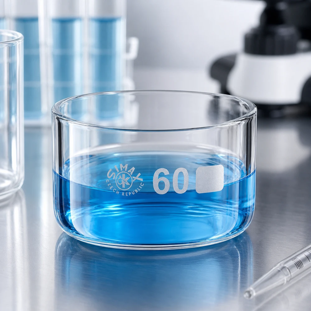 60ml Kristallisierschale ohne Ausguss Borosilikat ø60mm Zylindrische Glasschale 60ml Simax Czech Republic gefüllt mit türkisblauer Flüssigkeit