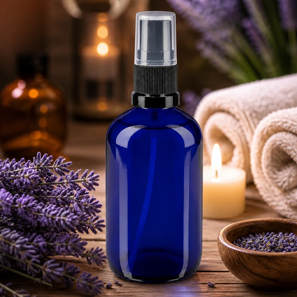 Kobaltblaue Glasflasche 100ml mit Pumpzerstäuber schwarzer Ring und klarer Kappe