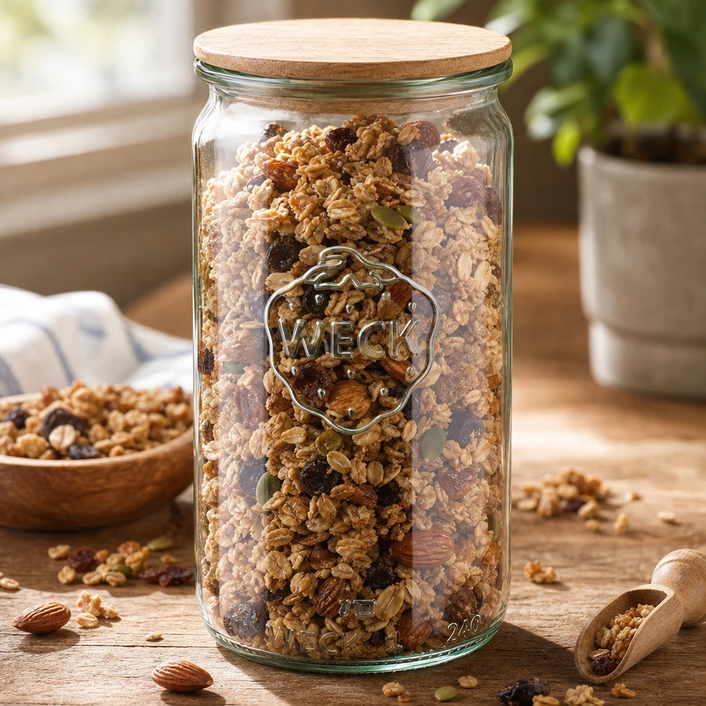 WECK Zylinderglas 340ml RR60 gefüllt mit Müsli und Nüssen als Vorratsglas mit Holzdeckel auf Küchentheke